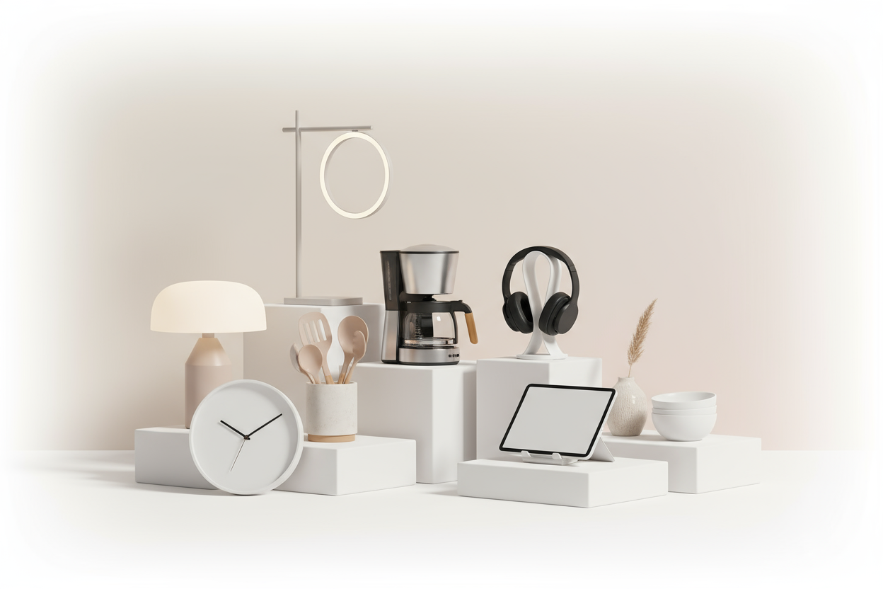 generate household and electronic products templete with pictures and background beautiful dont mention any prices and other store names or anything